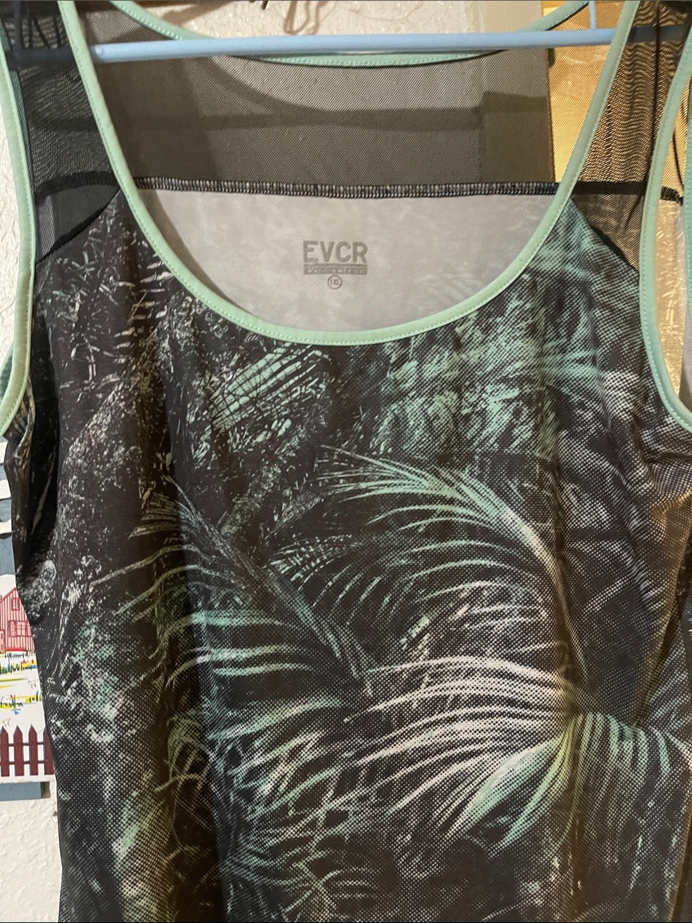 EVCR Women's Mint Trim Black Tropical Print Tank Top